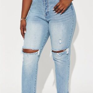 Fashion Nova Light Blue Ripped Straight Leg Jeans